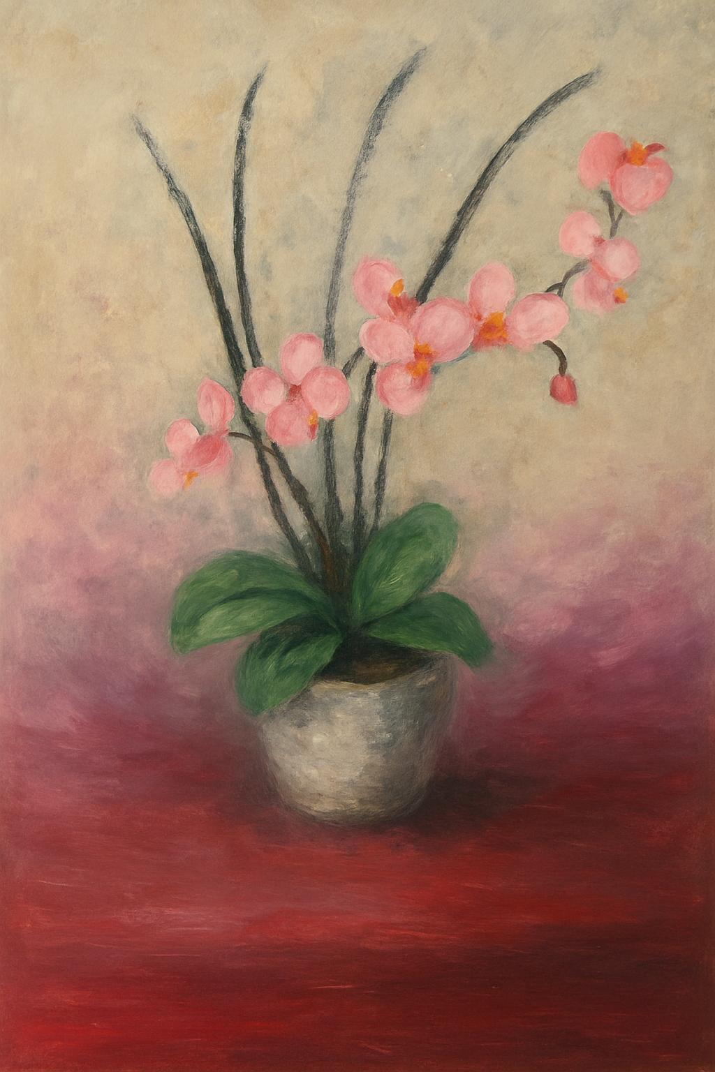 Painting of a potted plant with pink flowers on a textured background
