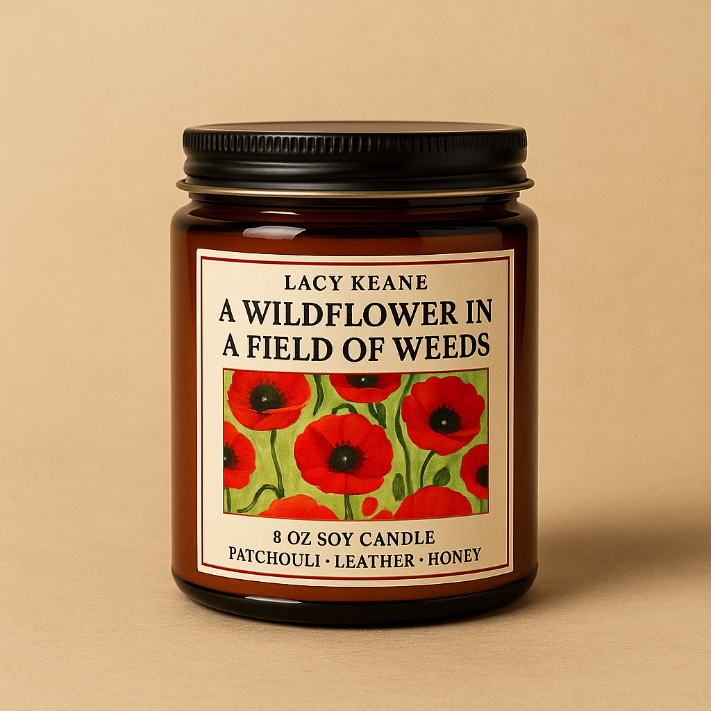 Candle jar with a label featuring red flowers on a beige background