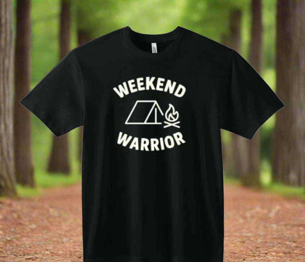 Black t-shirt with 'Weekend Warrior' graphic design on a white background