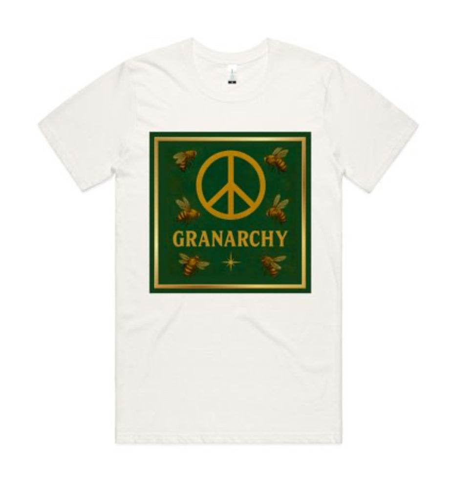 White t-shirt with a green square design featuring a peace symbol and bees, labeled 'GRANARCHY'.
