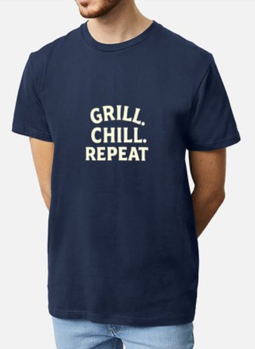 Navy blue t-shirt with 'GRILL. CHILL. REPEAT' text on a white background