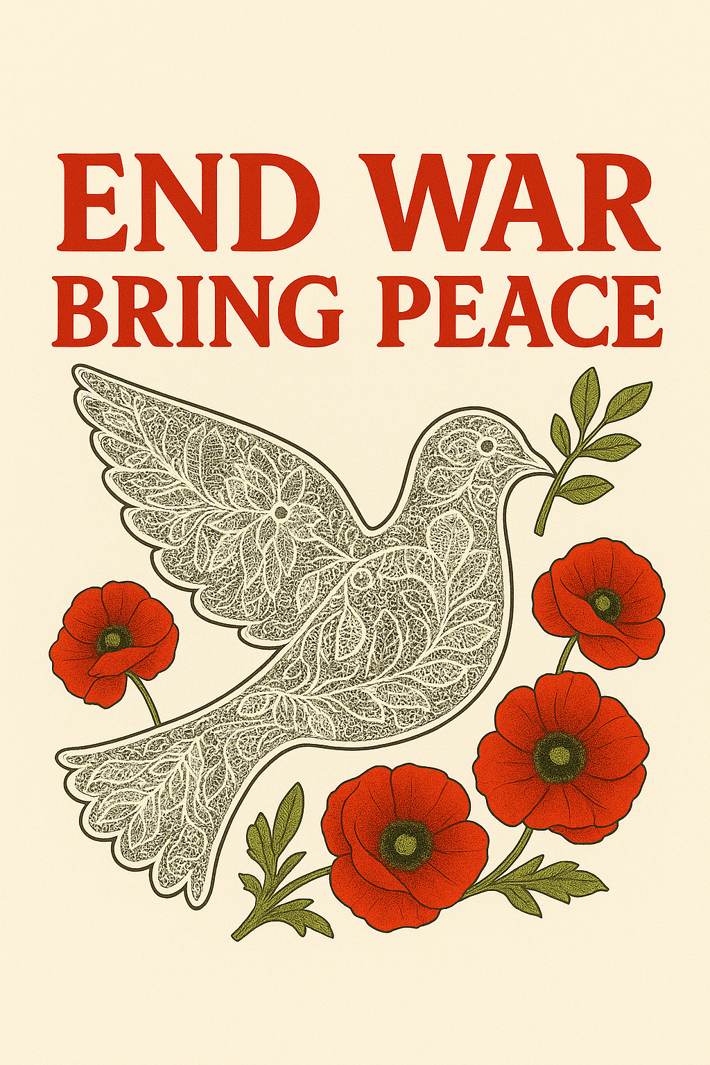 Vintage-style poster with a dove and red flowers, featuring the text 'End War Bring Peace' on a beige background.