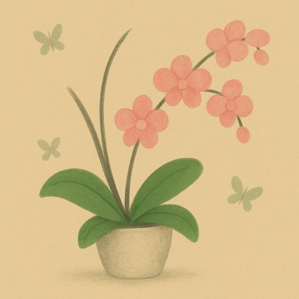 Illustration of a potted plant with pink flowers and green leaves on a beige background.
