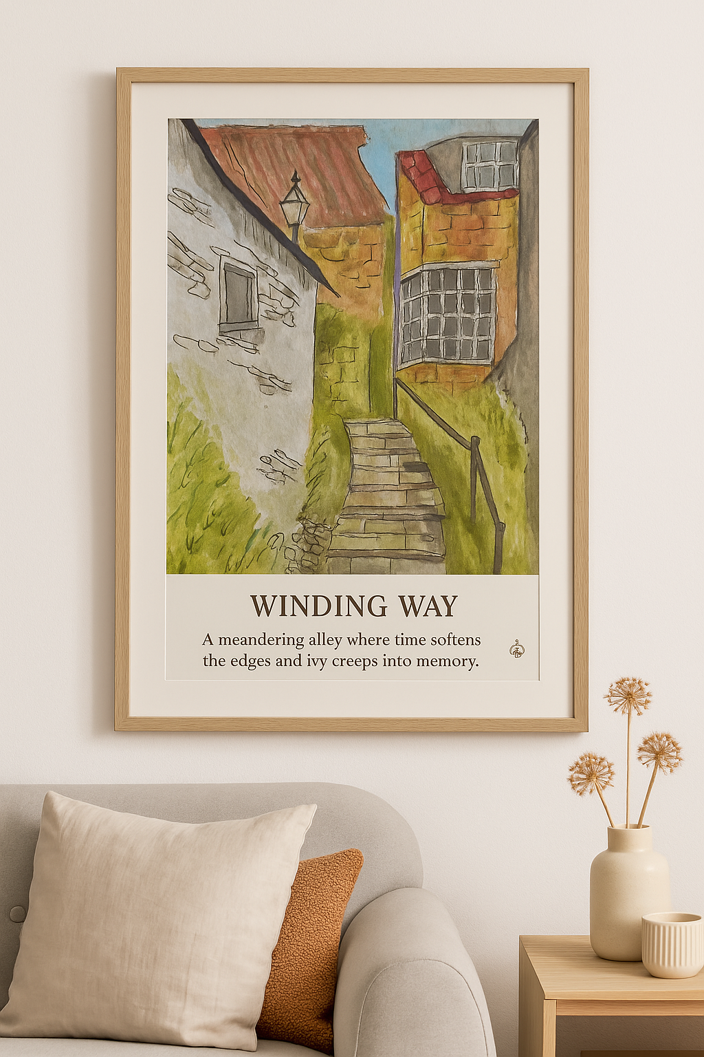 Framed artwork titled 'Winding Way' in a living room setting.