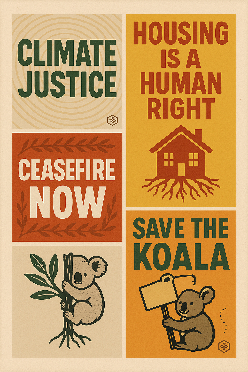 Activist poster featuring a collage of protest slogans including āClimate Justice,ā āCeasefire Now,ā āHousing Is a Human Right,ā and āSave the Koala.ā Vintage protest art style with Hive Homewares bee logo and radical retro design