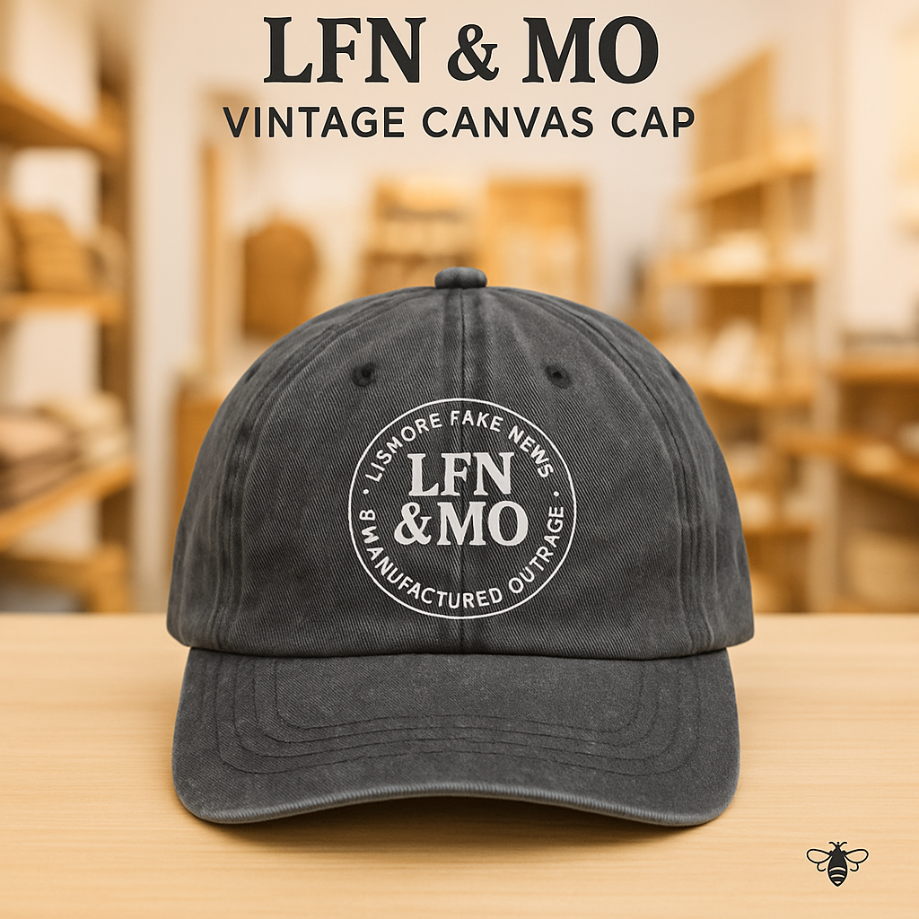 Vintage-style black faded cap featuring the LFN&MO logo in retro lettering. Soft worn look with curved brim, designed by Hive Homewares for lovers of local satire and mystery.