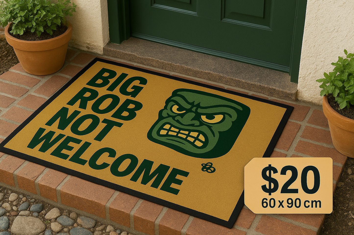 Satirical doormat reading ‘Big Rob Not Welcome’ in bold protest-style lettering, featuring an angry cartoon face and Hive Homewares bee logo. Designed in Lismore as grassroots political commentary.
