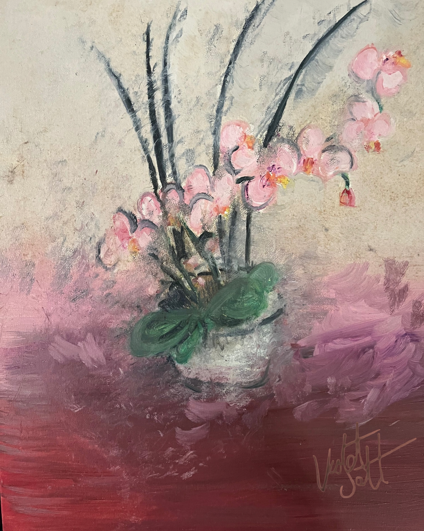 Painting of pink flowers in a vase with a textured background