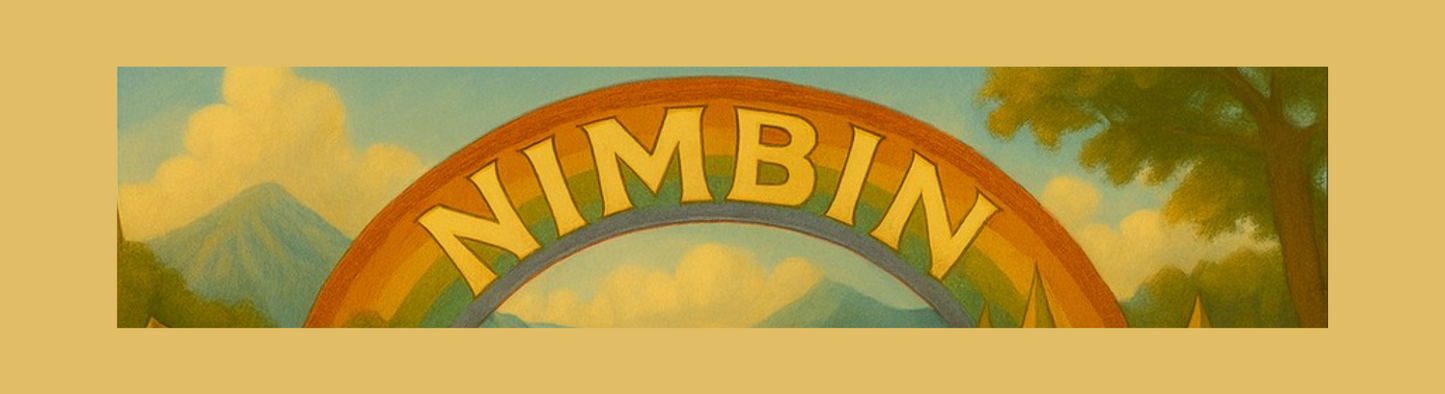 Decorative arch with 'Nimbin' text against a scenic background