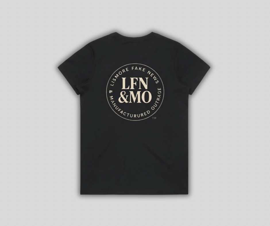 Black t-shirt with 'LFN & MO' logo on a gray background