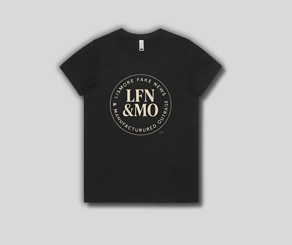 Black t-shirt with 'LFN & MO' logo on a gray background