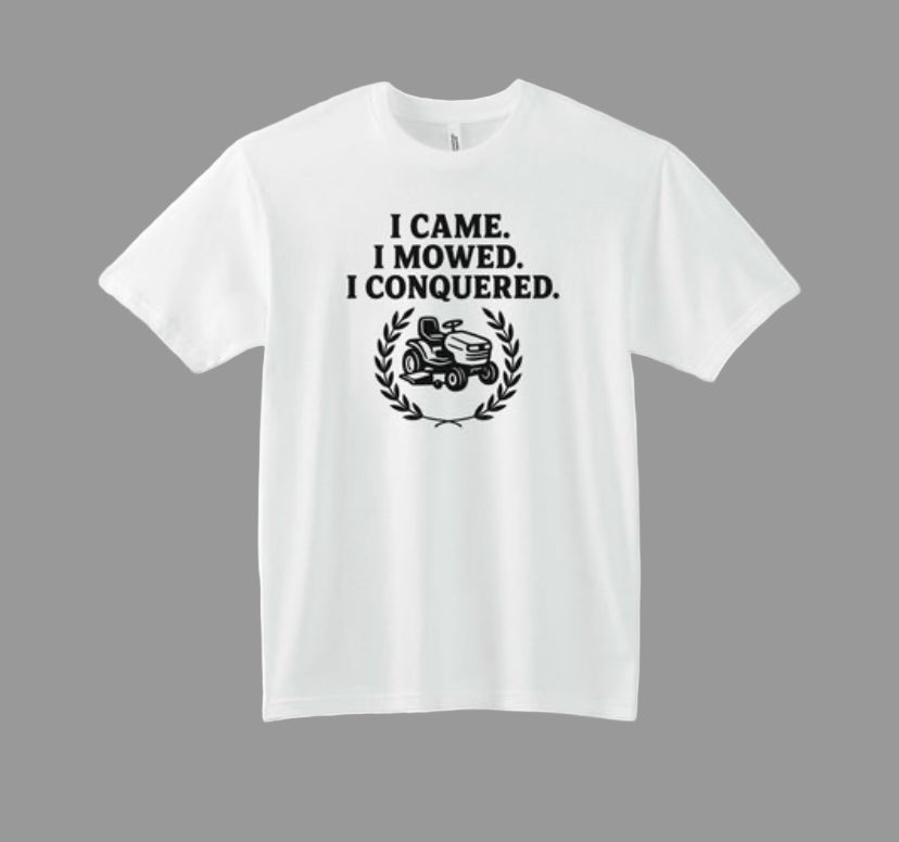 White t-shirt with black text and graphic on a white background