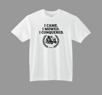 White t-shirt with black text and graphic on a white background