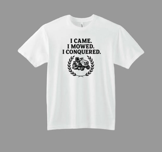 White t-shirt with black text and graphic on a white background