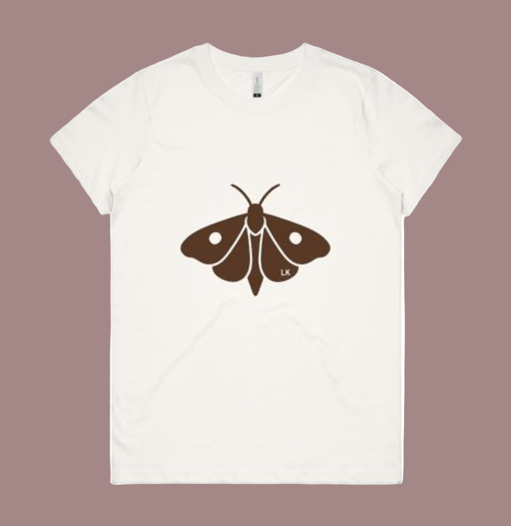 Night Visitor Tee – LK Moth Edition. Organic cotton. Womens S-2XL