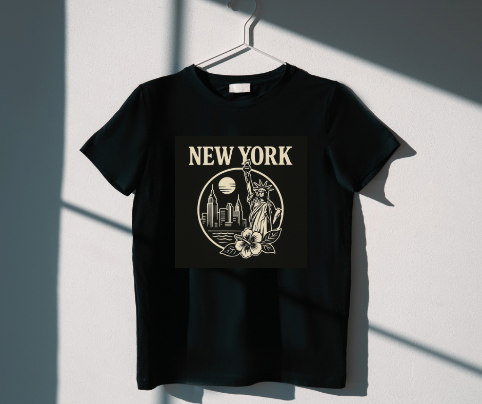 Black t-shirt with 'New York' design featuring the Statue of Liberty on a white background