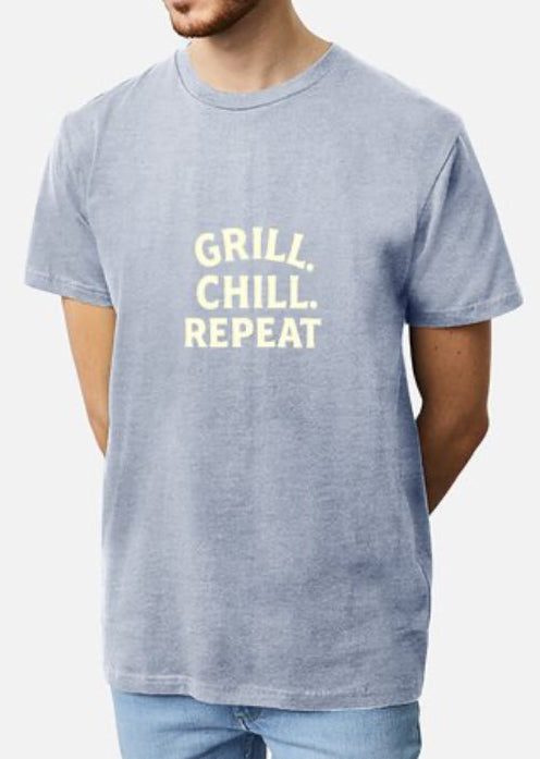 Person wearing a grey t-shirt with 'GRILL. CHILL. REPEAT' text on a white background