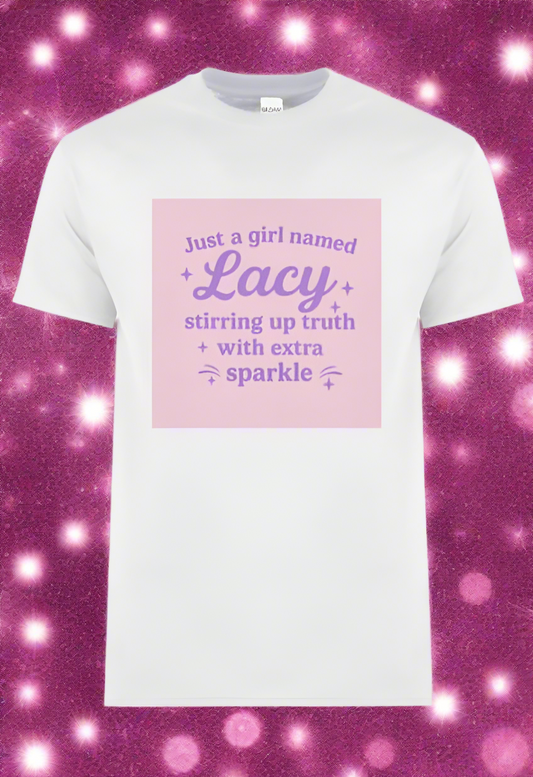 A white womens shirt with pink and lilac statement. Lacy Keane 