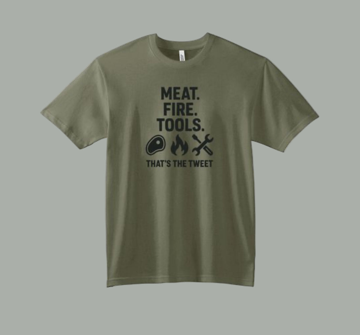 Green t-shirt with black text and graphics on a white background