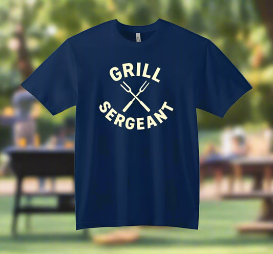 Navy blue t-shirt with 'Grill Sergeant' text and crossed utensils on a white background