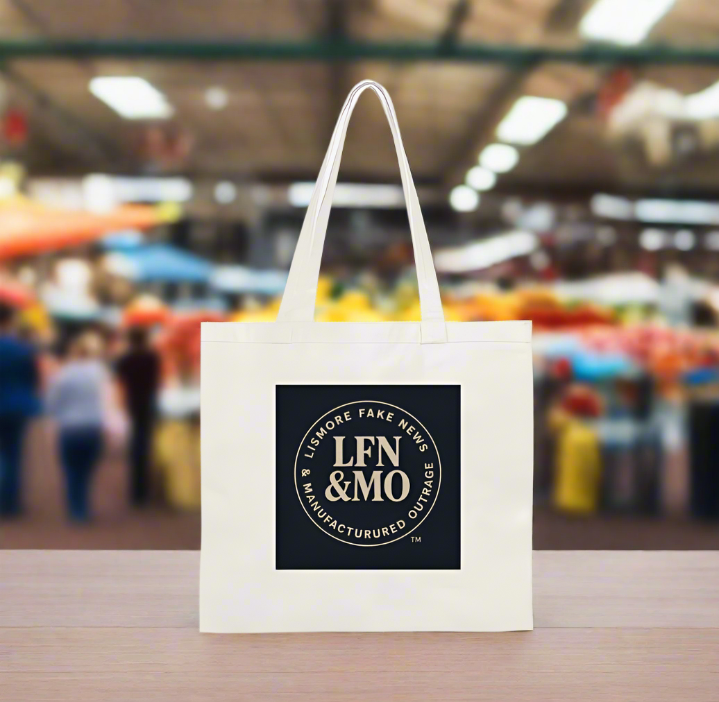 White tote bag with 'LFN & MO' logo on a blurred market background