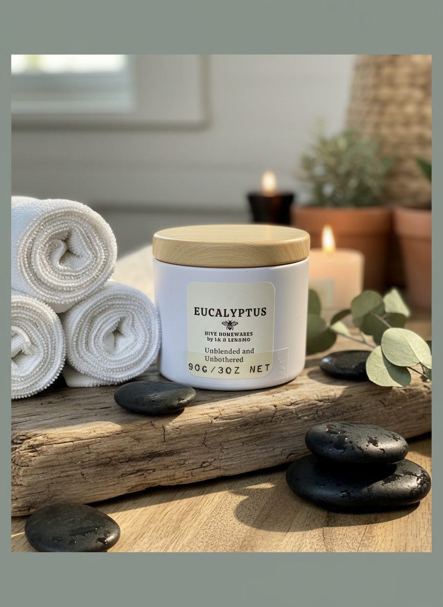 Eucalyptus candle on a wooden surface with towels, candles, and stones in the background