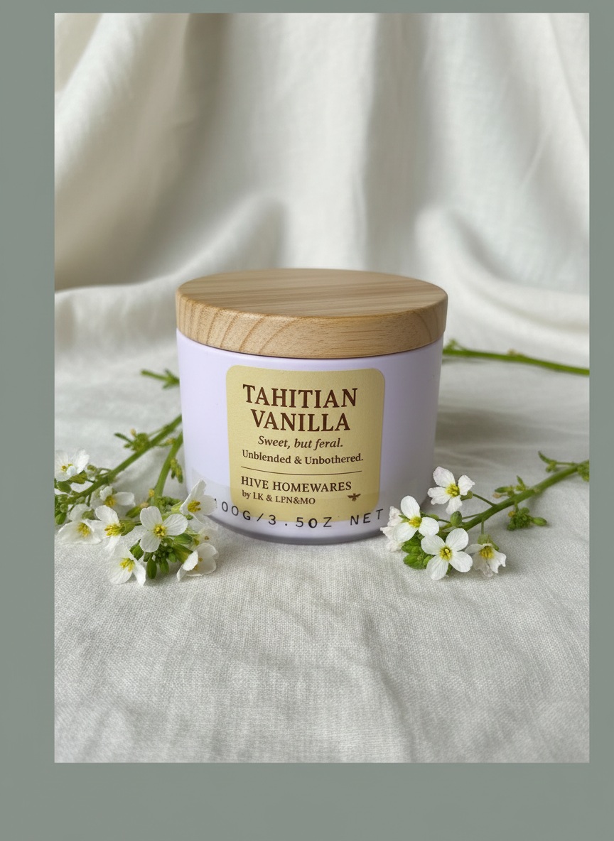 Sweet but feral Tahitian Vanilla, small but mighty soy candle. Unblended and Unbothered