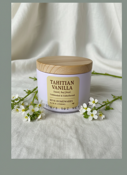 Sweet but feral Tahitian Vanilla, small but mighty soy candle. Unblended and Unbothered