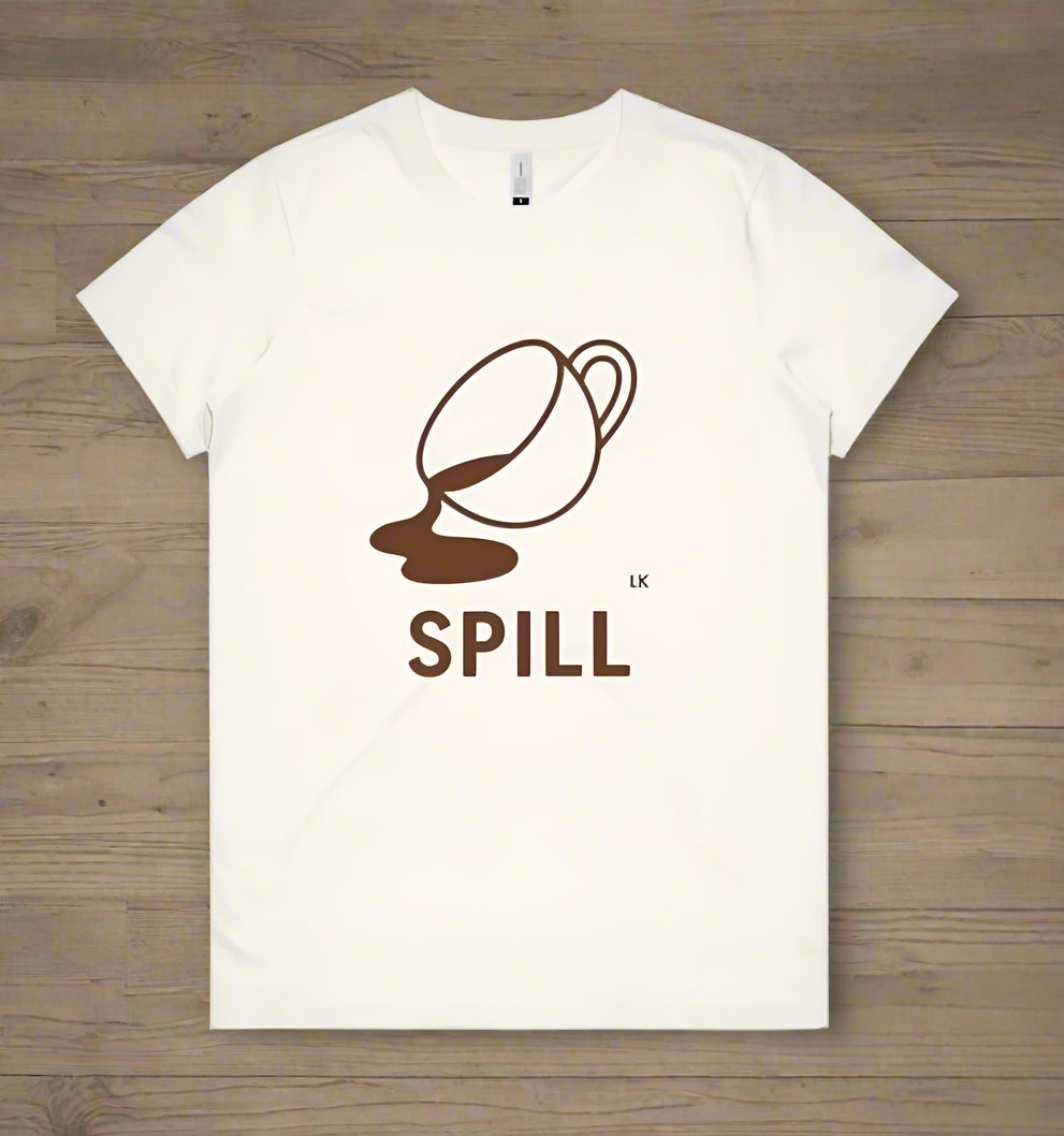 White t-shirt with brown graphic and 'SPILL' text on a white background