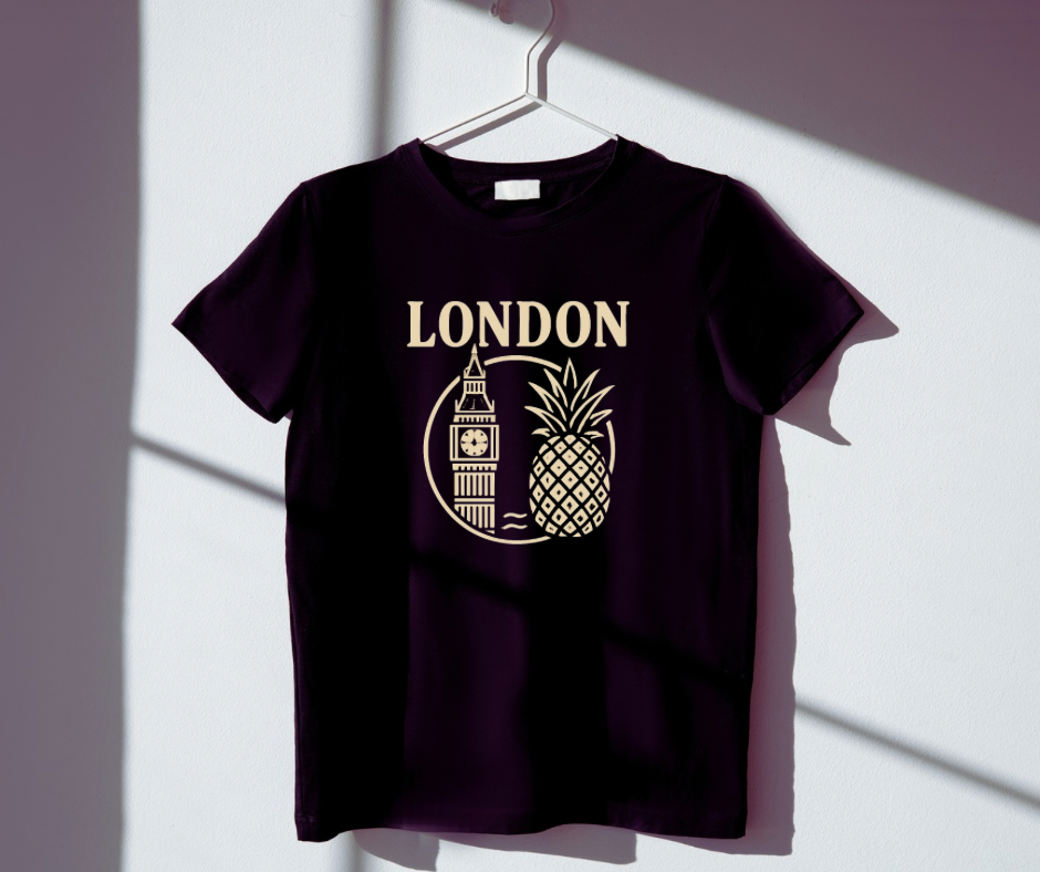 Black t-shirt with 'London' design featuring Big Ben and a pineapple on a white background
