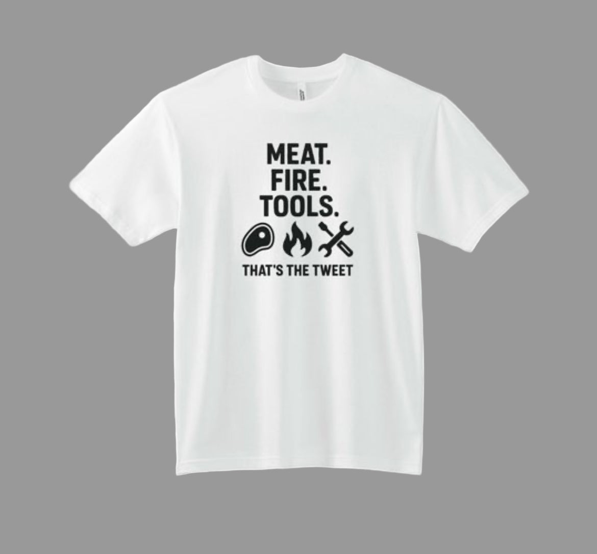 White t-shirt with black text and icons on a white background