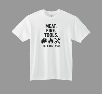 White t-shirt with black text and icons on a white background