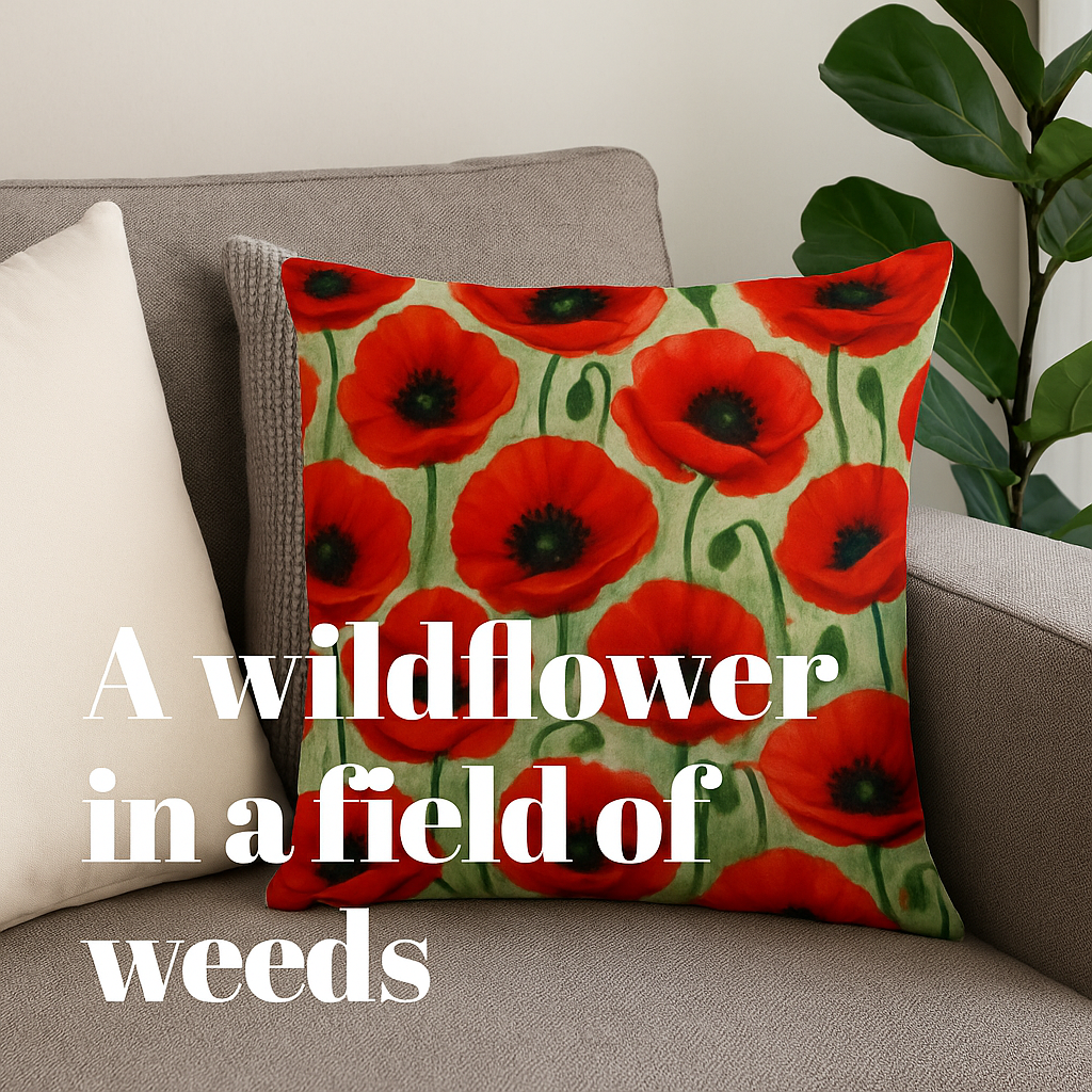 Decorative pillow with red floral pattern on a couch