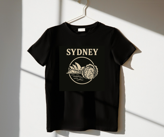Black t-shirt with 'Sydney' and a Sydney Harbour Bridge graphic on a white background