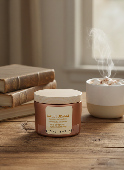 Jar of 'Sweet Orange' candle on a wooden surface with books and a bowl in the background
