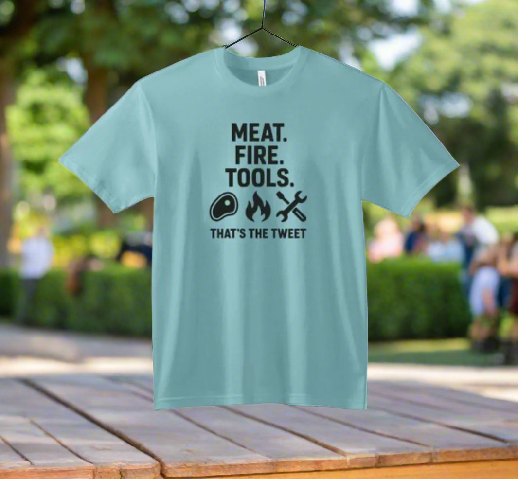 Light blue t-shirt with black text and icons on a white background