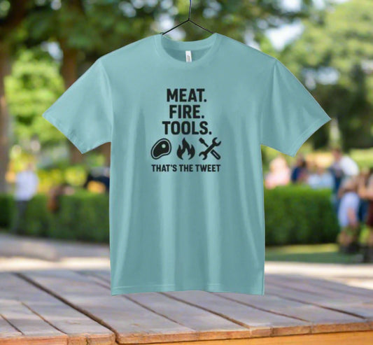 Light blue t-shirt with black text and icons on a white background