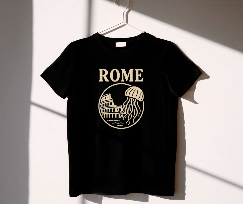 Black t-shirt with 'Rome' and jellyfish design on a white background