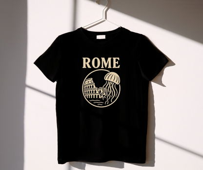 Black t-shirt with 'Rome' and jellyfish design on a white background