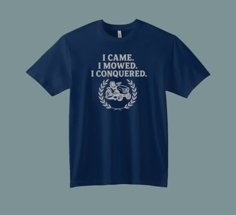 Navy blue t-shirt with white text and graphic on a white background