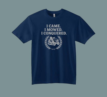 Navy blue t-shirt with white text and graphic on a white background