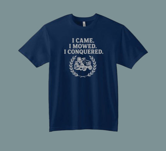 Navy blue t-shirt with white text and graphic on a white background