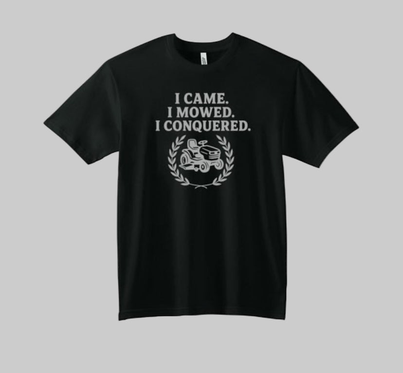 Black t-shirt with white text and graphic on a white background