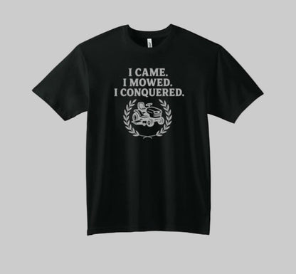 Black t-shirt with white text and graphic on a white background