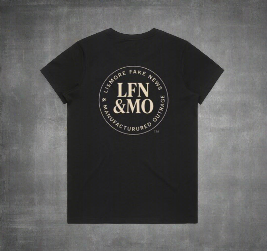 Black t-shirt with 'LFN & MO' logo on a gray background