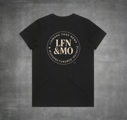 Black t-shirt with 'LFN & MO' logo on a gray background