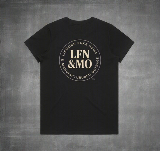 Black t-shirt with 'LFN & MO' logo on a gray background