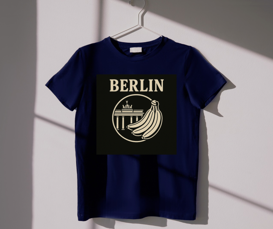 Navy blue t-shirt with 'BERLIN' and banana graphic on a hanger against a white wall.