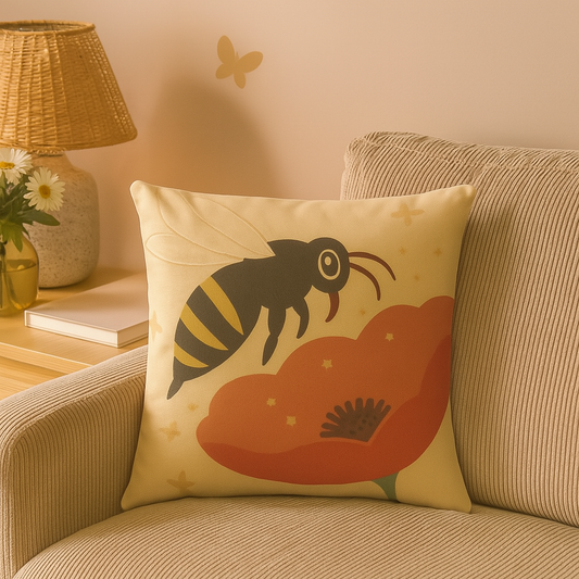 Decorative pillow with a bee and flower design on a beige couch.
