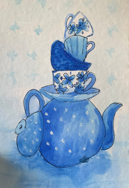 “The Great Teapot Balancing Act (Featuring Stacked Anxiety & Caffeine)” artwork.